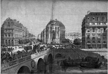 Transformations de Paris sous le Second Empire, Haussmann Paris : vue de la fontaine Saint Michel (1860) sur le boulevard de Sébastopol. Gravure dans « Le Monde Illustré » n°175 du 18 août 1860
