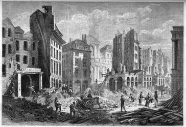 Transformations de Paris sous le Second Empire, Paris Haussmann : démolition de la rue de la Barillerie pour le percement du boulevard Sébastopol. Gravure dans Le Monde Illustré n°126 du 10 septembre 1859.