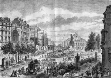 Transformations de Paris sous le Second Empire, Paris Haussmann : percement du Boulevard du Prince Eugène (actuel Boulevard Voltaire). Gravure dans « Le Monde Illustré » n°284 du 20 septembre 1862