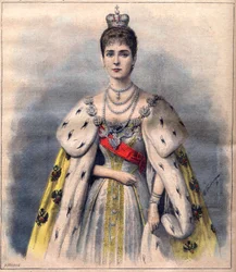 La tsarine Alexandra de Russie dans ses robes de couronnement - La tsarine Alexandra Fiodorovna dans le costume du sacre. Illustration pour «Le Petit Journal», 24 mai 1896