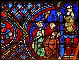 Deux donateurs devant une statue de la Vierge