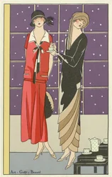 Deux femmes prenant le thé et habillées en créations de Jean Patou et Beer, de Art-Goût-Beauté pub. 1924