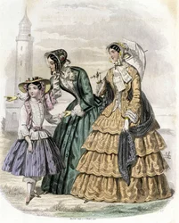 Deux femmes avec une fille à la campagne - dans « Journal des Demoiselles » 1852.