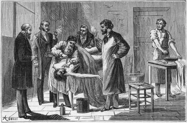 Utilisation du sulfite de soude dans les amphithéâtres de dissection pour conserver les cadavres - Gravure dans « Sciences mises à la portée de tous - physique et chimie » par Alexis Clerc - Fin du XIXe siècle - Collection privée