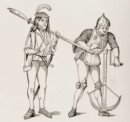 Varlet ou écuyer portant une hallebarde à lame épaisse et un archer tirant une corde d