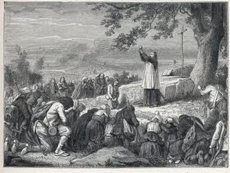 Guerres de Vendée (1793-1796) : Prêtre inséré célébrant une messe sous un chêne pour la population insurgée qui rejette les prêtres assermentés. Gravure de 1889. Collection privée.