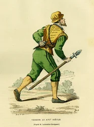 Costume de veneur, chargé de la chasse aux chiens courants, au XVIIe siècle. Gravure en couleur d