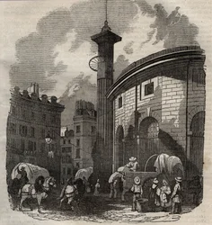 Vue de la halle au blé à Paris (construite en 1763-1769) et de la colonne Médicis, gravure début XIXe siècle - Vue de la Halle au blé, située à l