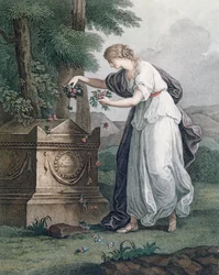 La Vertu rend hommage au tombeau de Rousseau, Ermenonville (Tombeau de Jean-Jacques Rousseau), 1866 (gravure en couleur)