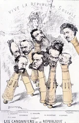 Vive la République sociale - Les canonnières de la République : A. Vacquerie, F.V. Hugo, P. Meurice, E. Roullier, Flocquet, H. Rochefort, Vermorel, Pilotell. Caricature