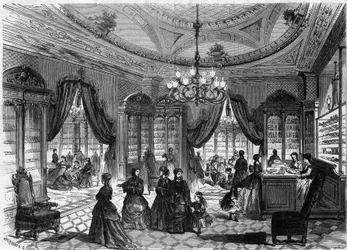Vue intérieure du magasin de chaussures de M. Herbert, 93 rue de Richelieu à Paris. Gravure dans « Le Monde Illustré » n°613 du 9 janvier 1869