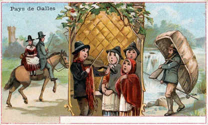 Pays de Galles, carte promotionnelle pour la boisson Chicorée à la Bergère avec des représentations de la vie galloise, vers 1890