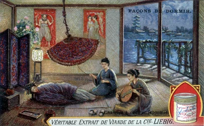 Façons de dormir : chambre japonaise. Chromolithographie d