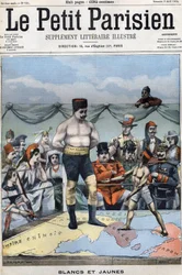 Blanc et jaune (caricature sur la guerre russo-japonaise : des pays comme la France, les USA, la Chine ... regardent le Japon et la Russie boxer). Couverture du Petit Parisien du 3 avril