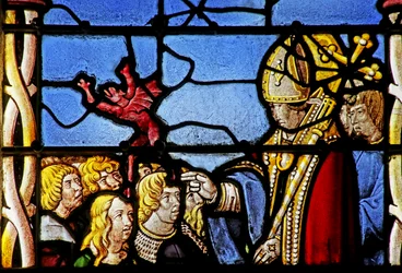 Fenêtre représentant Saint Cler : exorcise un démon de Hasterie