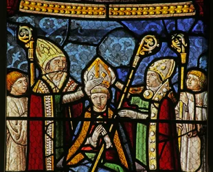 Vitrail représentant Saint Nicolas devenant évêque de Myre