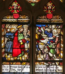 Vitrail représentant la charité de Saint Roch nourrissant les pauvres