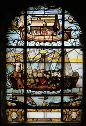 Vitrail représentant un navire avec des saints et l