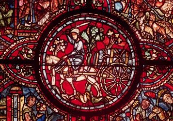 Marchand de vin transportant un tonneau de vin dans une charrette, des Scènes de la vie de Saint Lubin