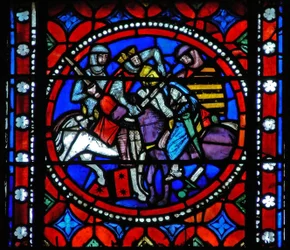 Fenêtre s1-R représentant une scène du voyage de Saint Bonnet à Rome ; le roi Aripert blesse mortellement un chevalier