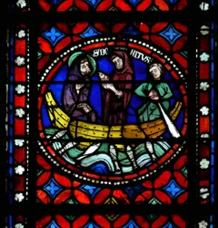 Fenêtre s1-R représentant une scène du voyage de Saint Bonnet à Rome et aventures