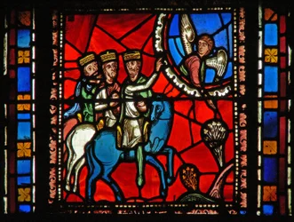 Fenêtre s2-C représentant les Mages voyageant, suivant un ange