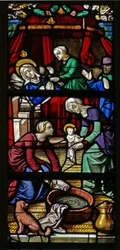 Fenêtre w105 représentant une scène de la vie de la Vierge Marie : sa naissance