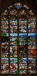 Vitrail w124 représentant Abraham et Melchisédech ; saint Jacques combattant les Maures en Espagne ; scènes de la vie de saint Jacques