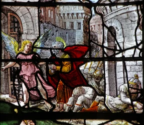 Vitrail w13 représentant Saint Pierre conduit hors de prison par un ange