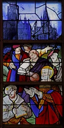 Fenêtre w1 représentant une scène de la vie de Saint Pierre : Simon le Magicien et Pierre débattent ; la cathédrale de Rouen et Saint-Maclou en arrière-plan