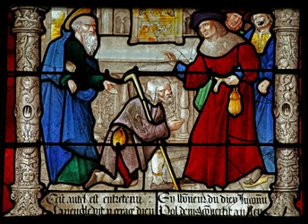 Vitrail w31 représentant une scène de la vie de Saint Denis : il guérit un aveugle ?
