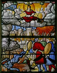 Fenêtre w5 représentant une scène du Livre de la Révélation de Saint Jean : les armées de la terre font des ravages ; la mer rend ses morts