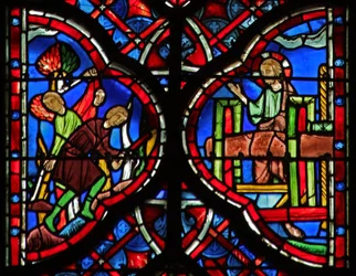 Les arbres de la forêt sont abattus avec une hache (L) Is X 33-34. Le Christ avec le pressoir (R) Is LXIII 1-6