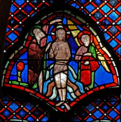 Le baptême dans le Jourdain : un ange assiste en tenant les vêtements