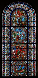 Fenêtre wXXI représentant une fenêtre composite de 4 panneaux, trois en lien avec Saint Gervais et Saint Protais