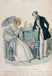 Femme avec parapluie et homme en redingote dans un jardin, planche de mode du Journal des Dames et des Modes, 5 juin 1836