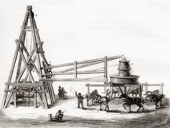Travailleurs utilisant le carrousel et le treuil pour forer les puits artésiens à Grenelle, France au 19ème siècle, de 