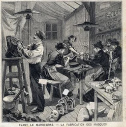 Atelier de fabrication de masques pour les déguisements du carnaval de Mardi Gras. Dans « Le Petit Parisien » du 14/02/1897