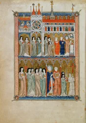 Messe assistée par des officiels avec une procession en dessous, c.1300