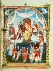 ds Lat 1 fol.423r Le Roi Charles II recevant une Bible du Comte Vivian et des Moines de Saint-Martin de Tours, de la Première Bible de Charles le Chauve, vers 843-51