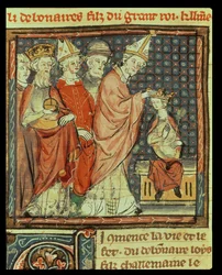 Le couronnement de Louis I le Pieux (778-840) empereur romain par le pape Étienne IV (pape 816-817) à Reims en 816, des Grandes Chroniques de France, 1375-79