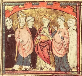 Dagobert I (605-39), roi des Francs recevant le Royaume de France, des Grandes Chroniques de France, 1375-79