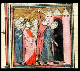 Charles Martel surveille la punition et le bannissement de deux hommes, des Grandes Chroniques de France, 1375-79