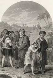 Joseph vendu par ses frères, gravé par S. Allen, tiré de "The National Illustrated Family Bible", publié vers 1870 (lithographie).