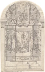 Un autel élaboré avec la Résurrection du Christ et le martyre de Saint André
