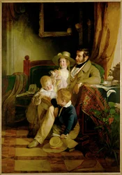 Rudolf von Arthaber et ses enfants Rudolf Emilie et Gustav, regardant la photo de leur défunte épouse et mère ... (peinture sur toile)