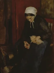 Vieille dame filant de la laine