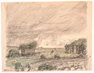 Le foin était empilé dans des meules dans les prairies vertes