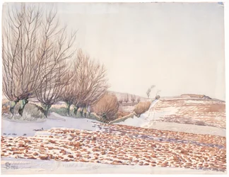Paysage avec des saules et un champ labouré sous la neige