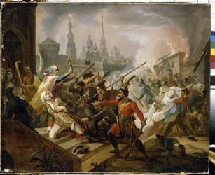 Guerre des paysans russes de 1773-1775 : la bataille de Kazan en juillet 1774, scène de la révolte de Emelian Ivanovitch Pougatchev